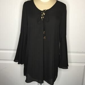 Dani Collection Medium long sleeved black blouse Tie embellishments Gauzy Light